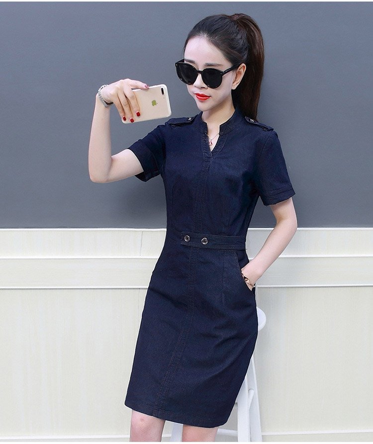 ĐẦM JEAN FORM A CỔ V ĐAI EO ĐÍNH NÚT - NJ2898